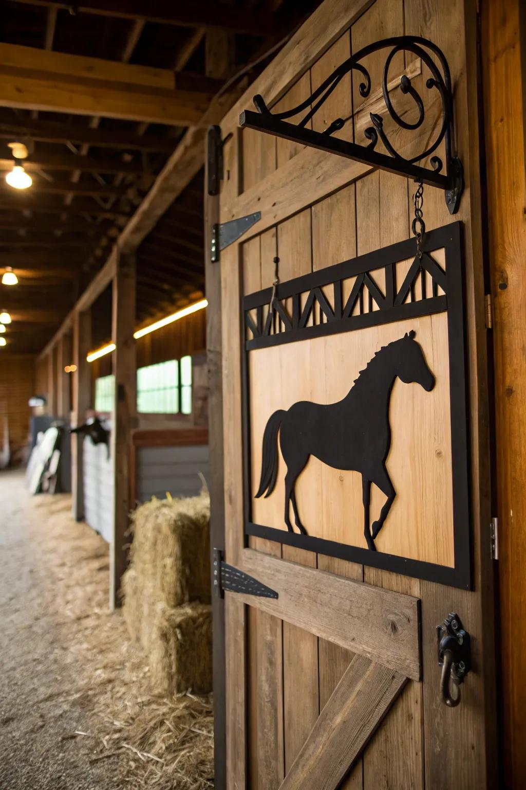 An imaginative outline of an equine figure displayed on a stall marker.