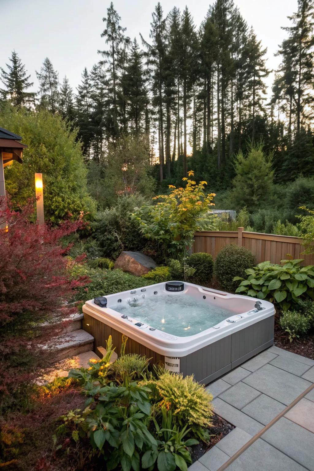 Create a private oasis by surrounding your hot tub with lush greenery.