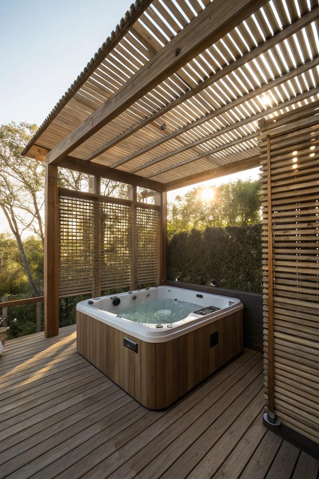 Find serene relaxation with a canopy providing shade over your spa deck.