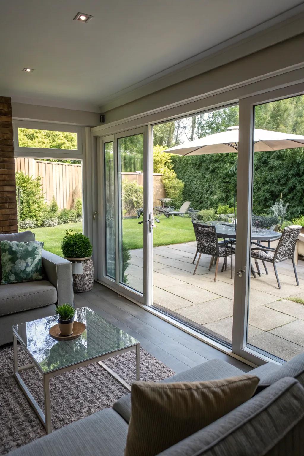 A harmonious indoor-outdoor living space showcasing wide panoramic doors.