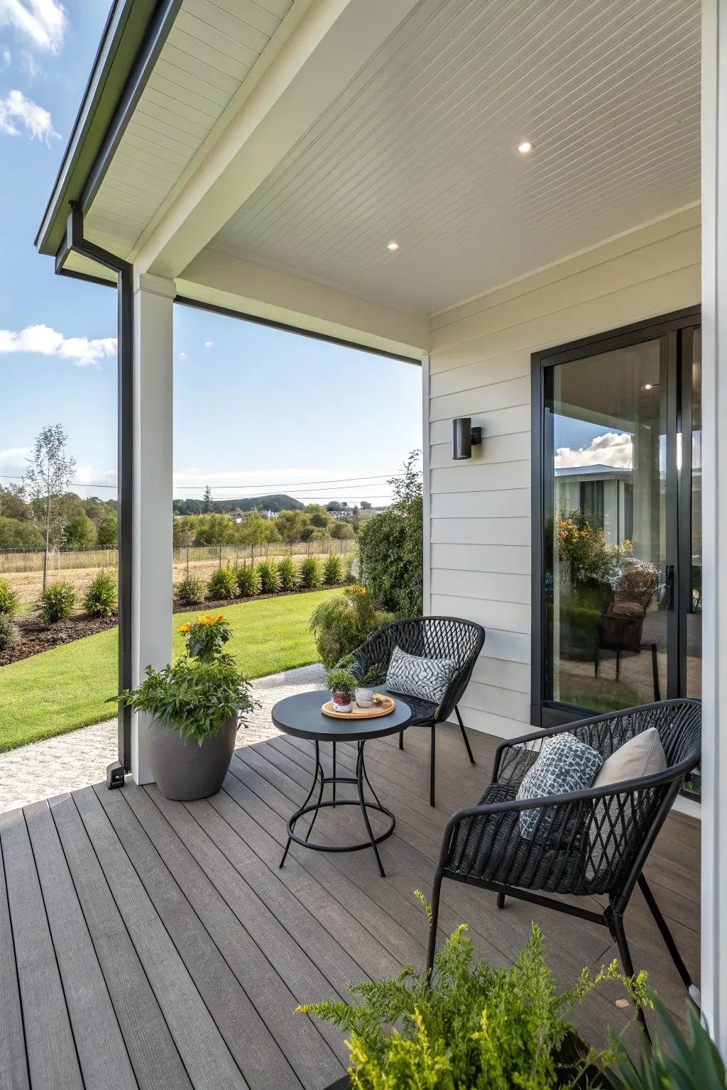 A snug seating space entices you to relax on this modernized porch.