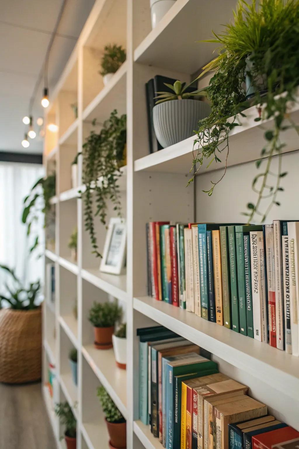 Bookshelf enhanced with miniature rooted plants.