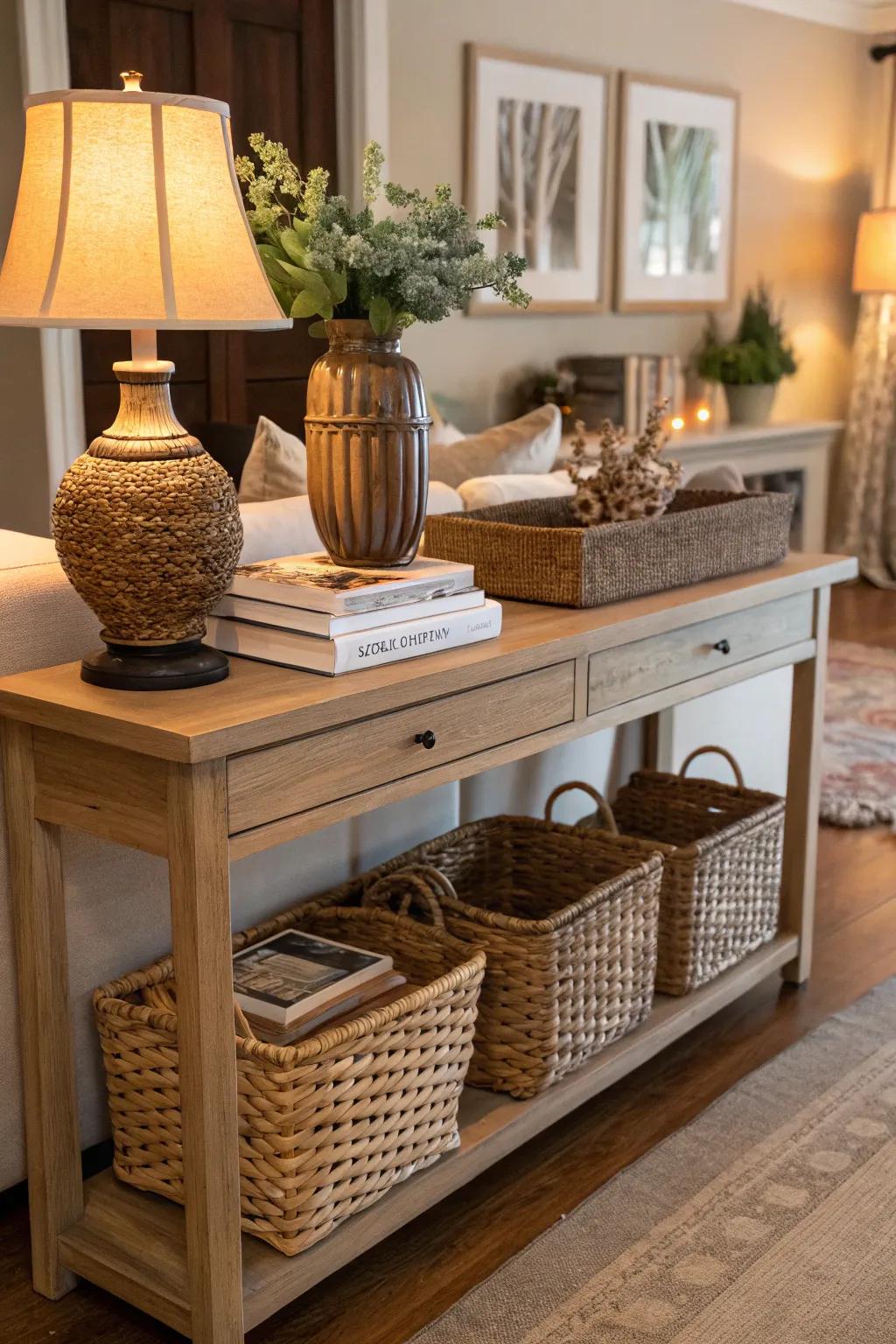 Attractive weaved baskets for storage beneath the console.