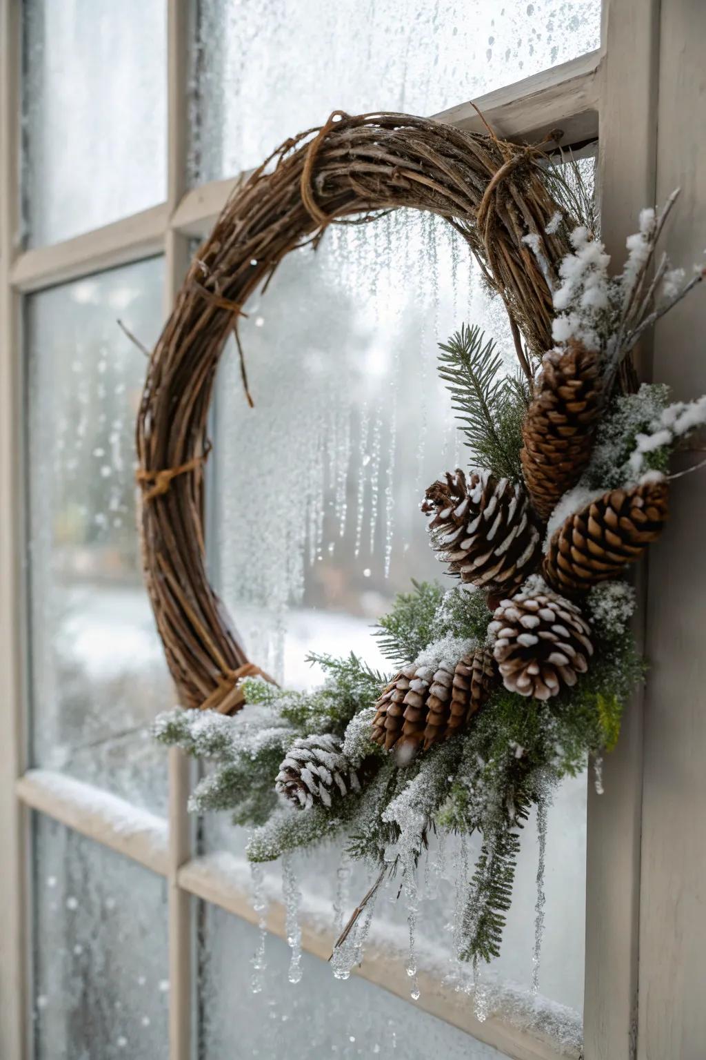 A winter wreath reminiscent of a tranquil, snow-covered panorama.