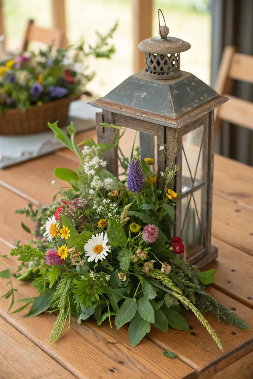 Rustic allure presented through wildflowers housed within a vintage lantern.