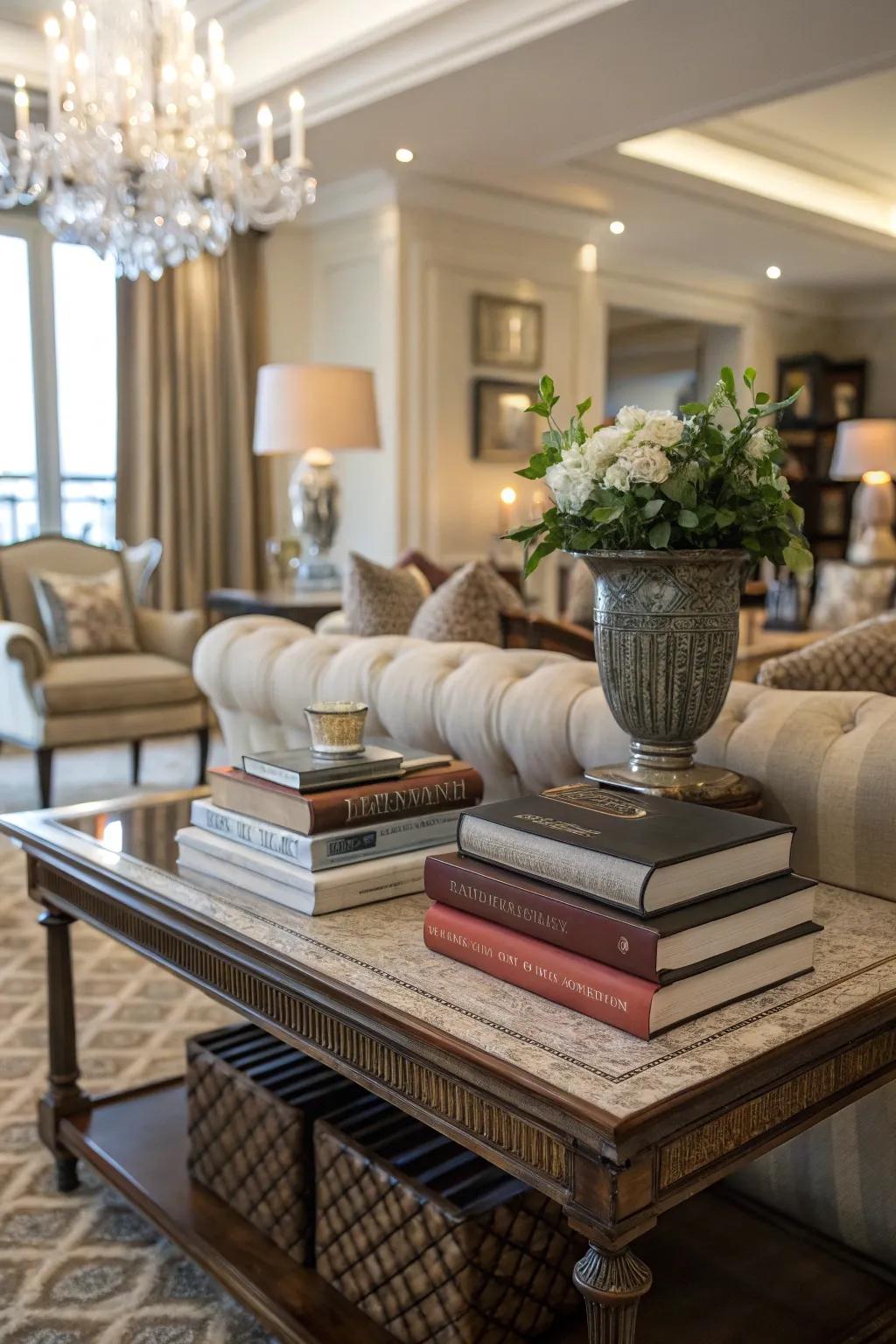 Books enhance a sofa table, bringing color and sophistication.