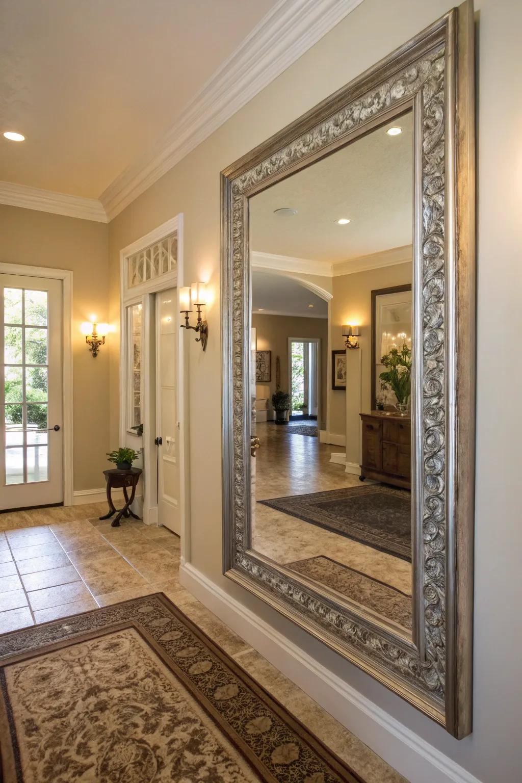 A large mirror in the entryway reflects light, giving the illusion of more space.
