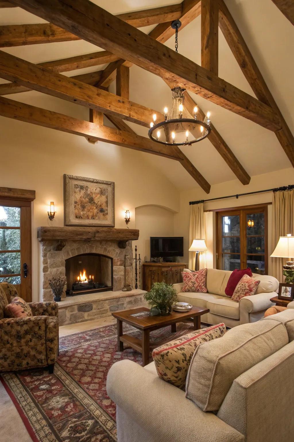 A snug living space with countryside wood timbers emphasizing the roof.