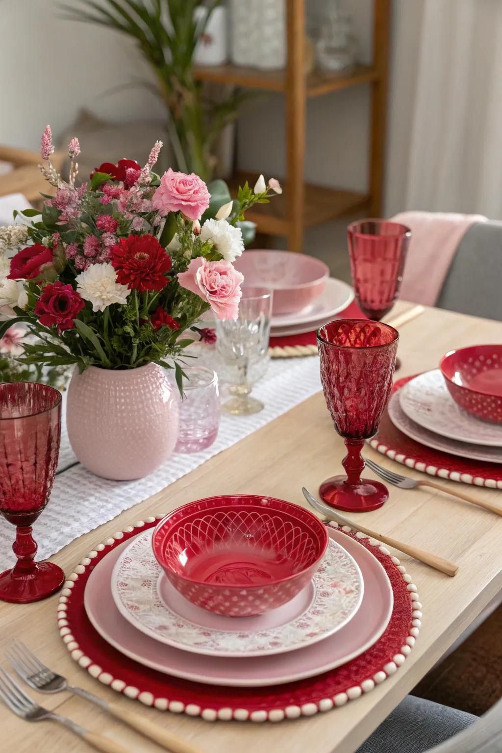 A gorgeous table is prepared for a Valentine's Day meal.