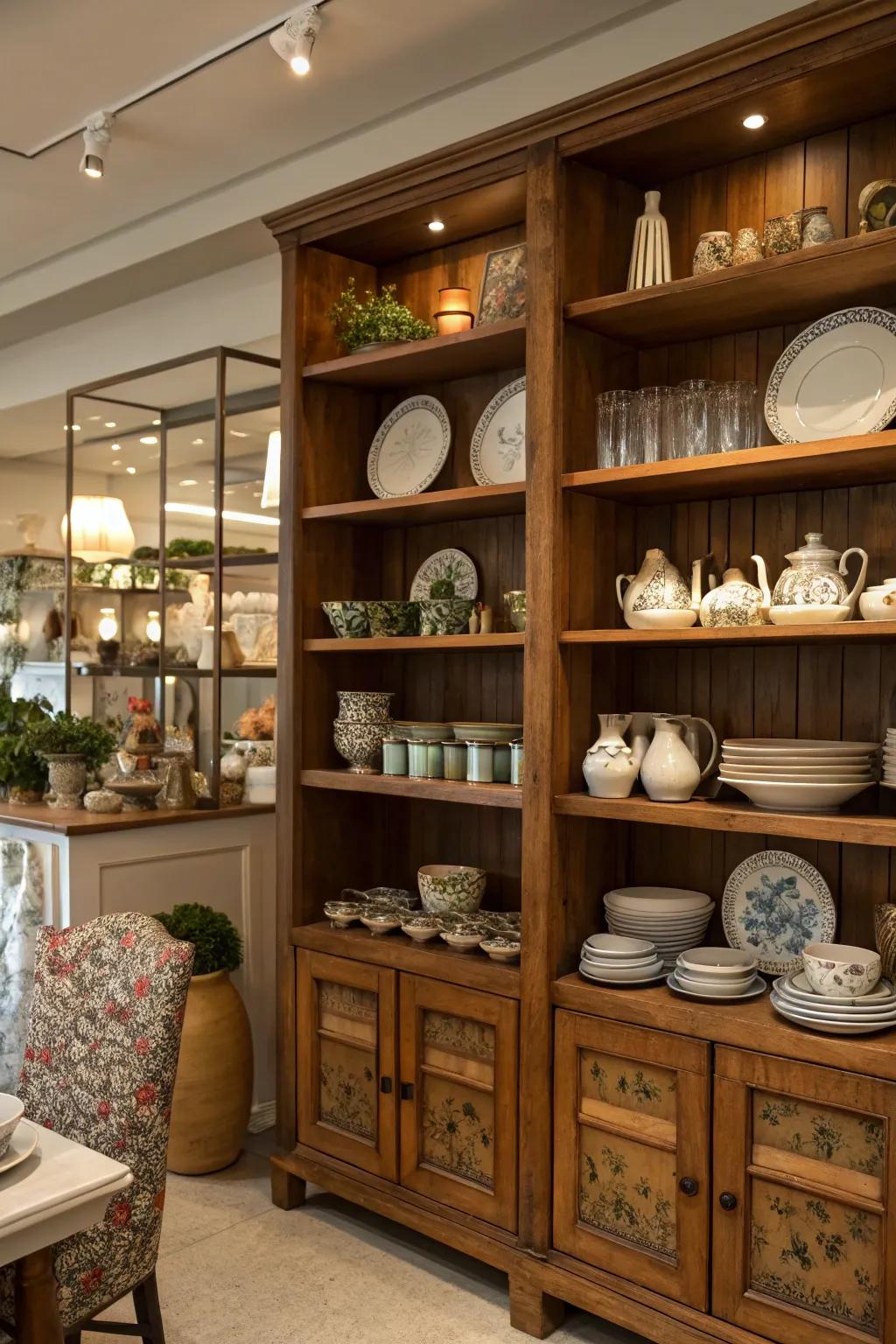 Exposed surface mounts exhibiting a beautifully set out choice of china and artistic objects.