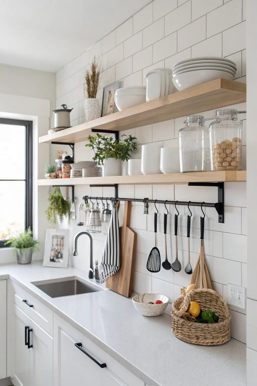 A well-organized cooking area featuring vertical storage solutions.