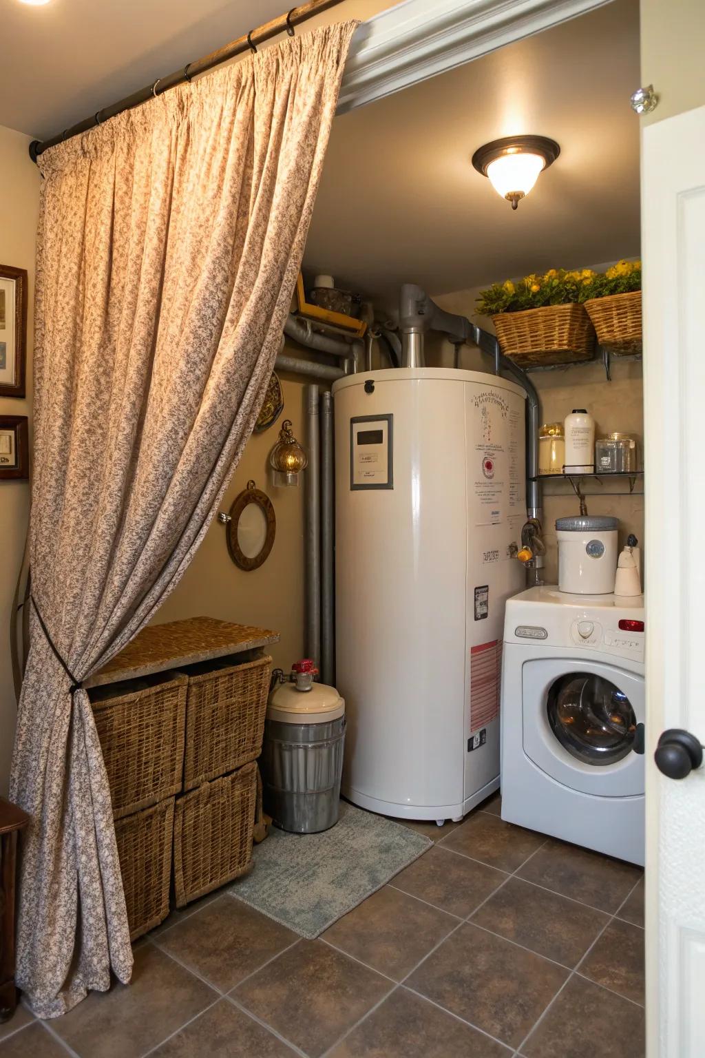 Drapes provide a swift, affordable way to hide your water heater.