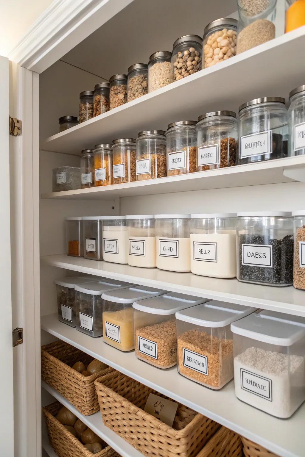 Labeled jars and bins streamline pantry organization.