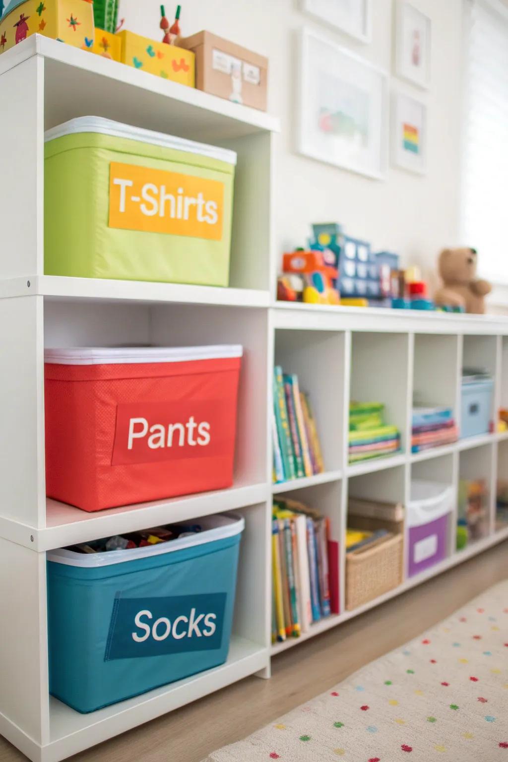 Using labeled bins makes the task of arranging kids' clothes easier.