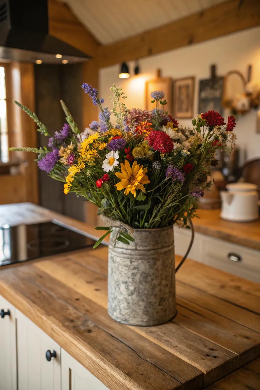 A homespun metallic vessel showcasing an array of radiant wildflowers.