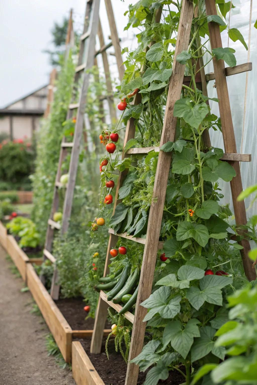 Upward gardening converts small areas into effective vegetable sources.