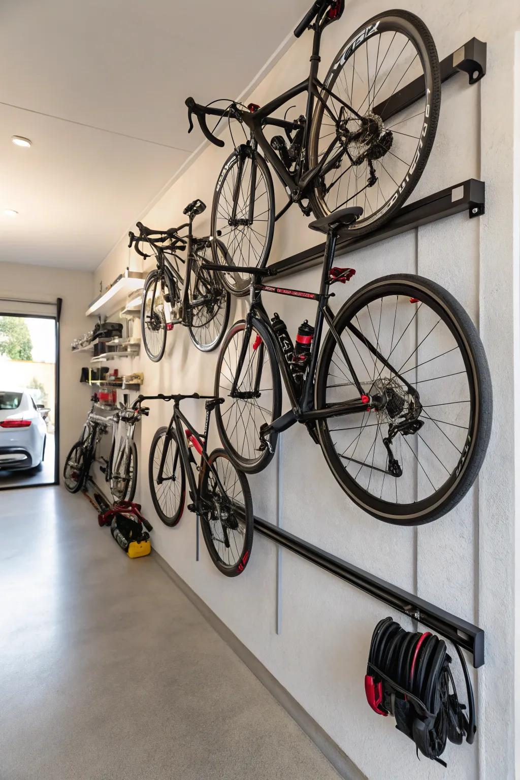 Bikes are neatly arranged on the wall, allowing for convenient access.