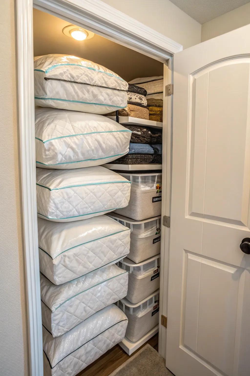 Sealed pouches holding comforters in a small closet.