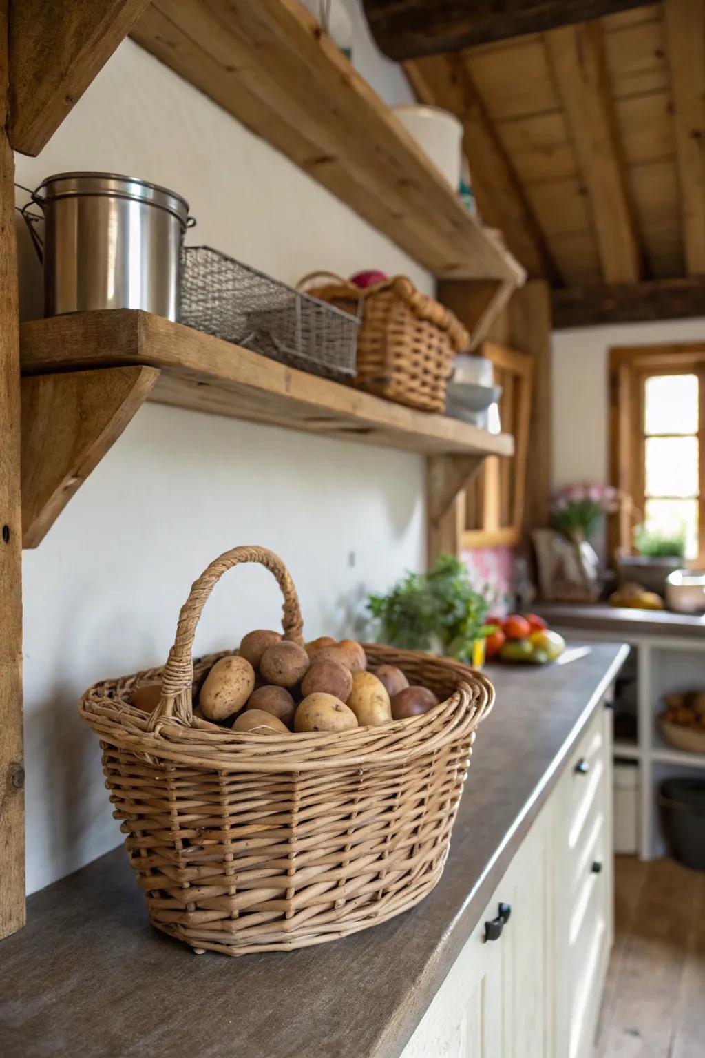 Potatoes housed in a willow basket, radiating a charming, rustic essence.