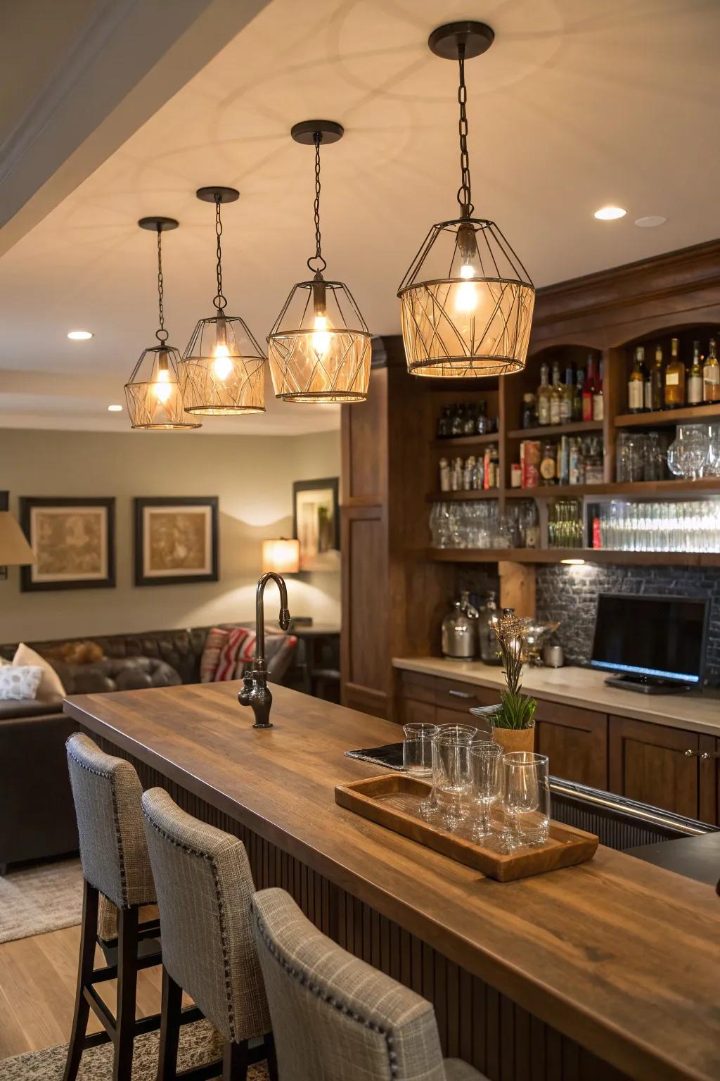 Drop lights establish the perfect ambiance for your home bar.