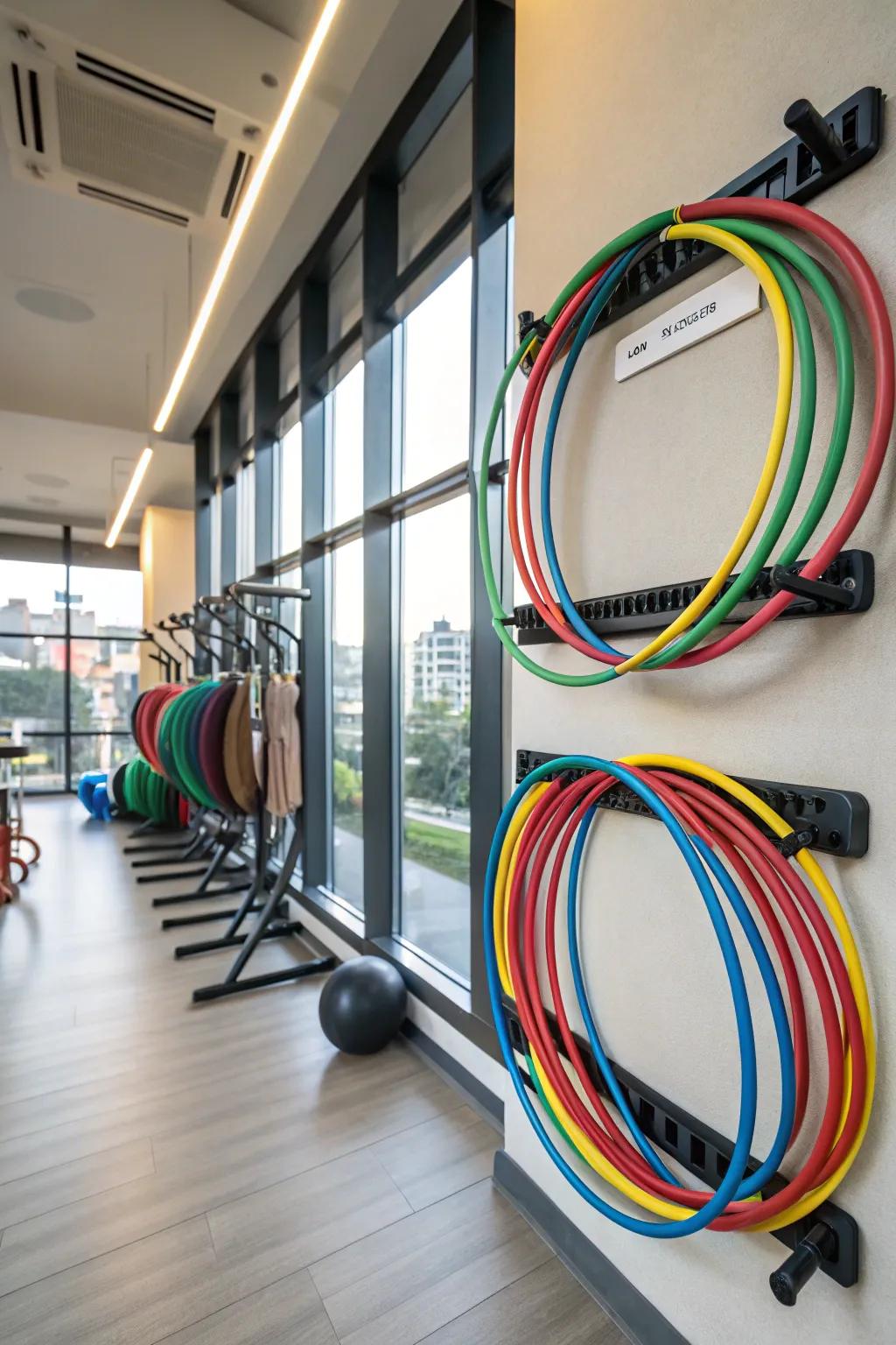 Playful rings arranged neatly on wall fixtures, introducing a lively element to a home fitness area.