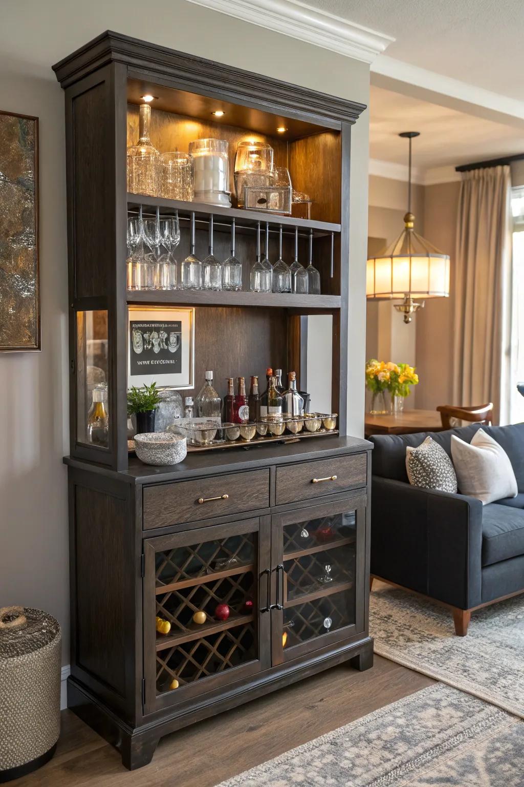 A cupboard top can be the foundation of an ideal home bar.