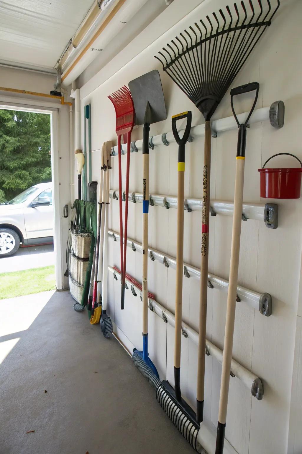 Polyvinyl tubing provides a resourceful and neat organizing solution for long-handled tools.