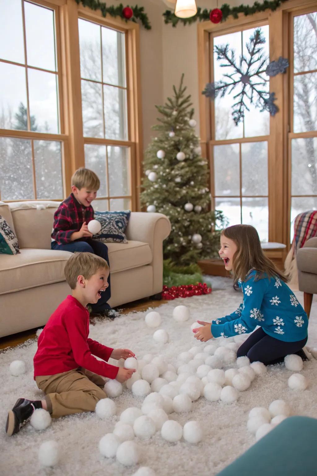 Children enjoying an indoor snowball fight in a welcoming living room.