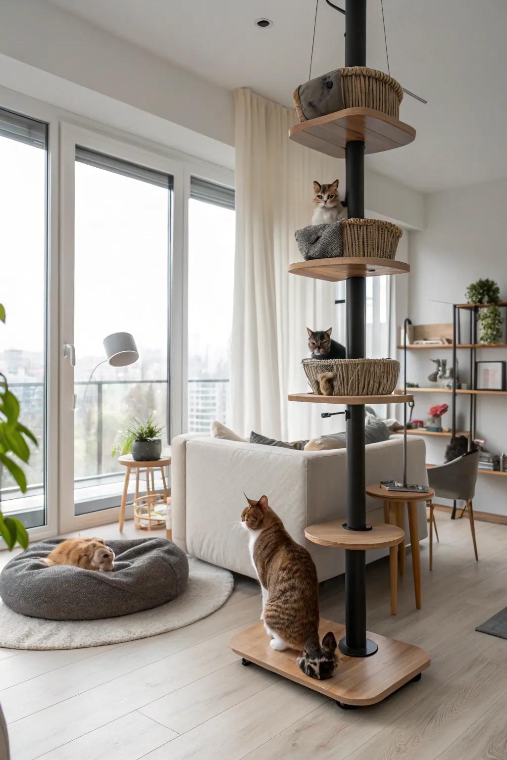 A tiered cat dwelling presenting a playground of elevations.
