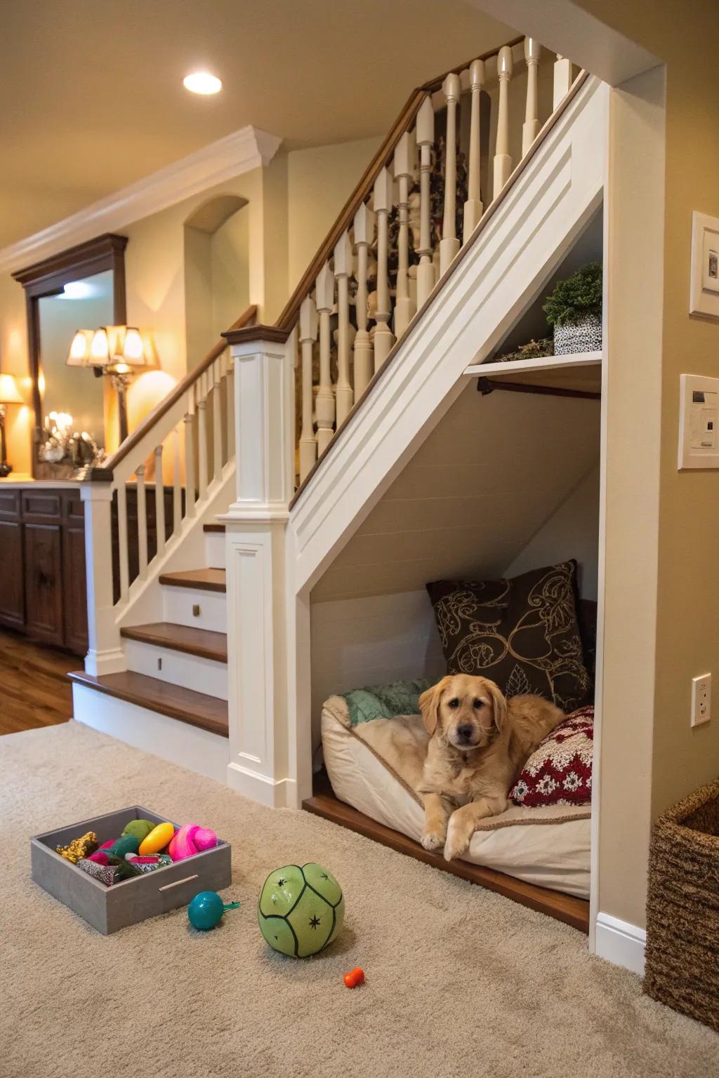 A secluded hideaway under the staircase for your furry friend.