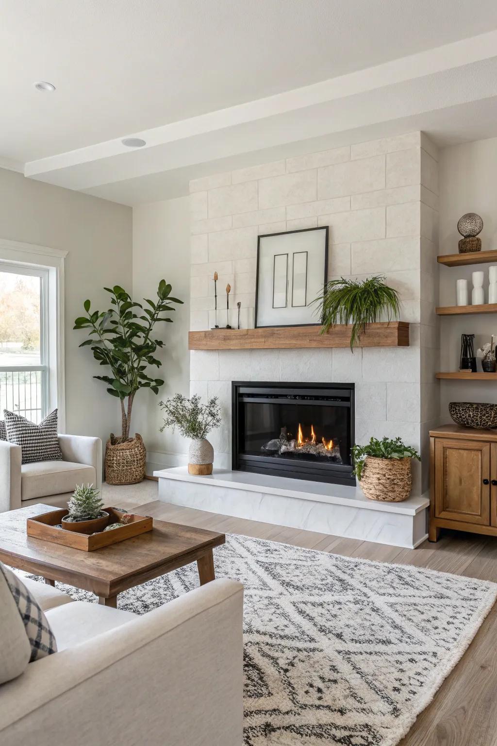 A minimalist-inspired living space featuring a sleek, modern fireplace set against a backdrop of neutral tones.
