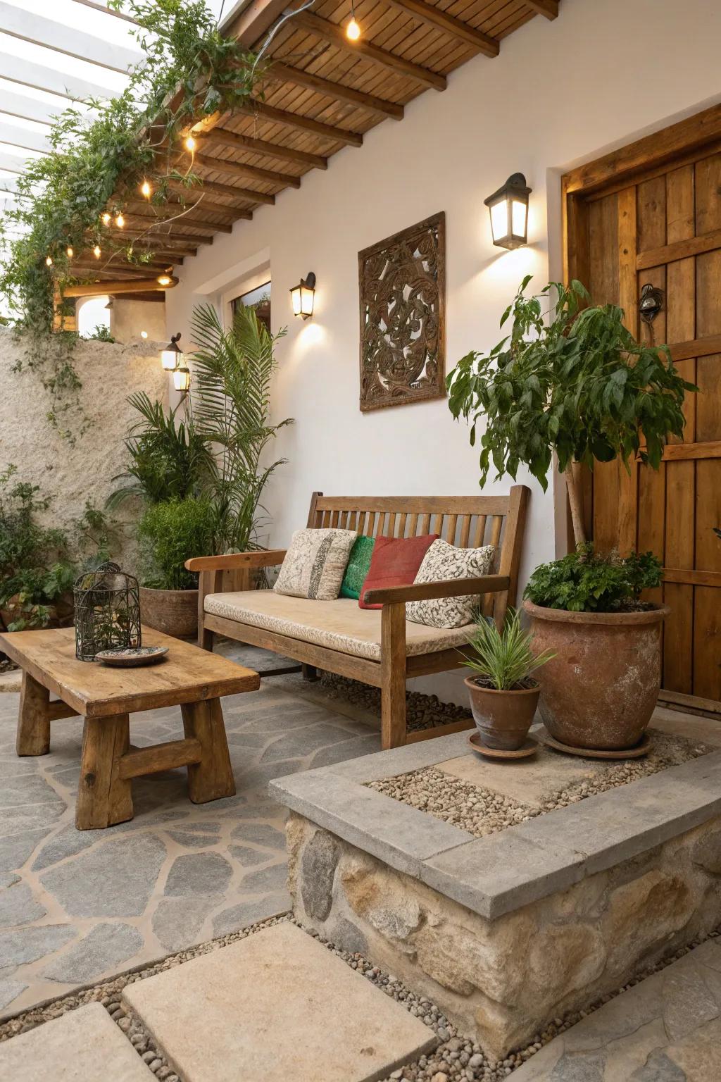 Natural elements infuse warmth and texture into your indoor patio.