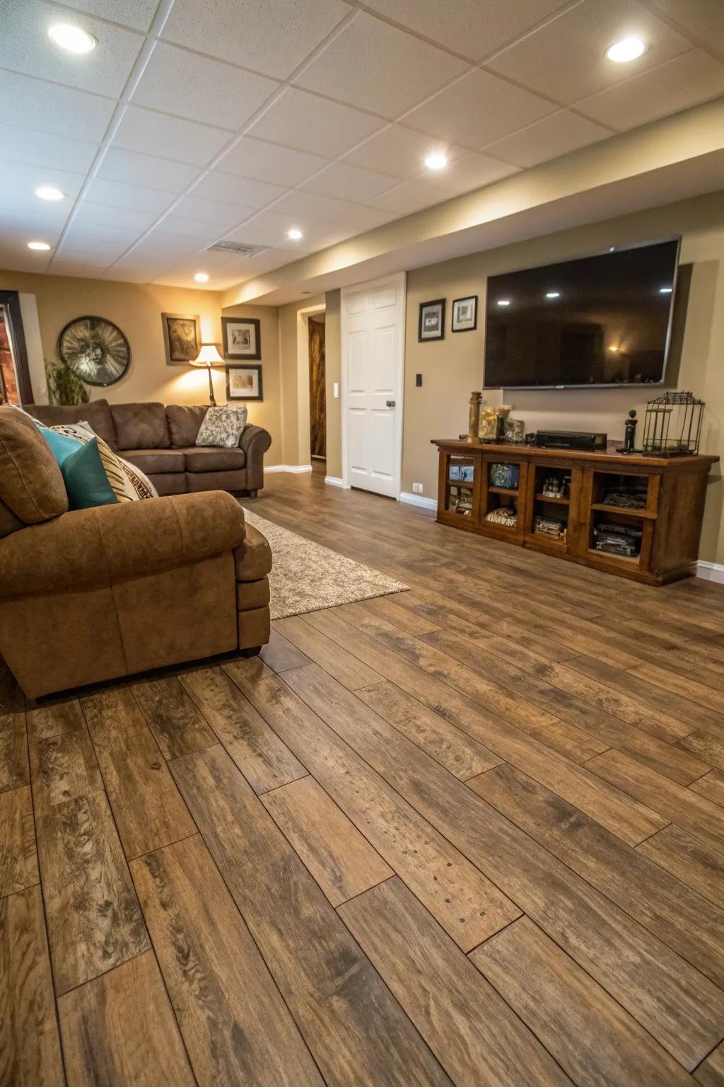 Vinyl planks beautifully and affordably mimic the look of hardwood.