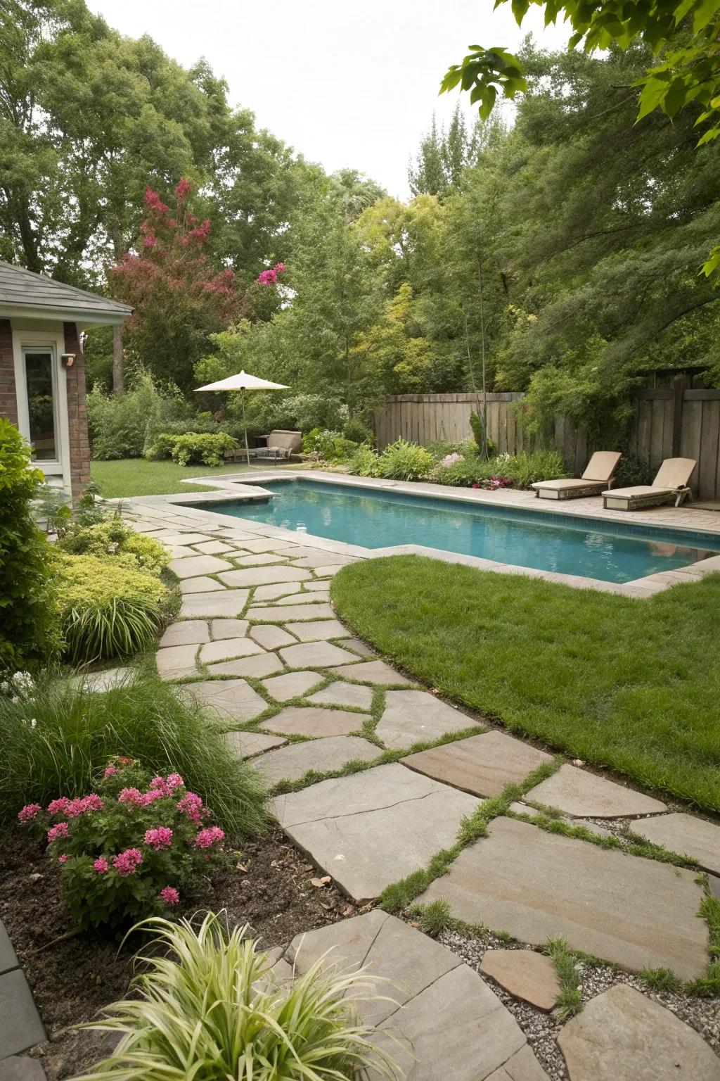 Stone walkways provide an elegant route to the pool.