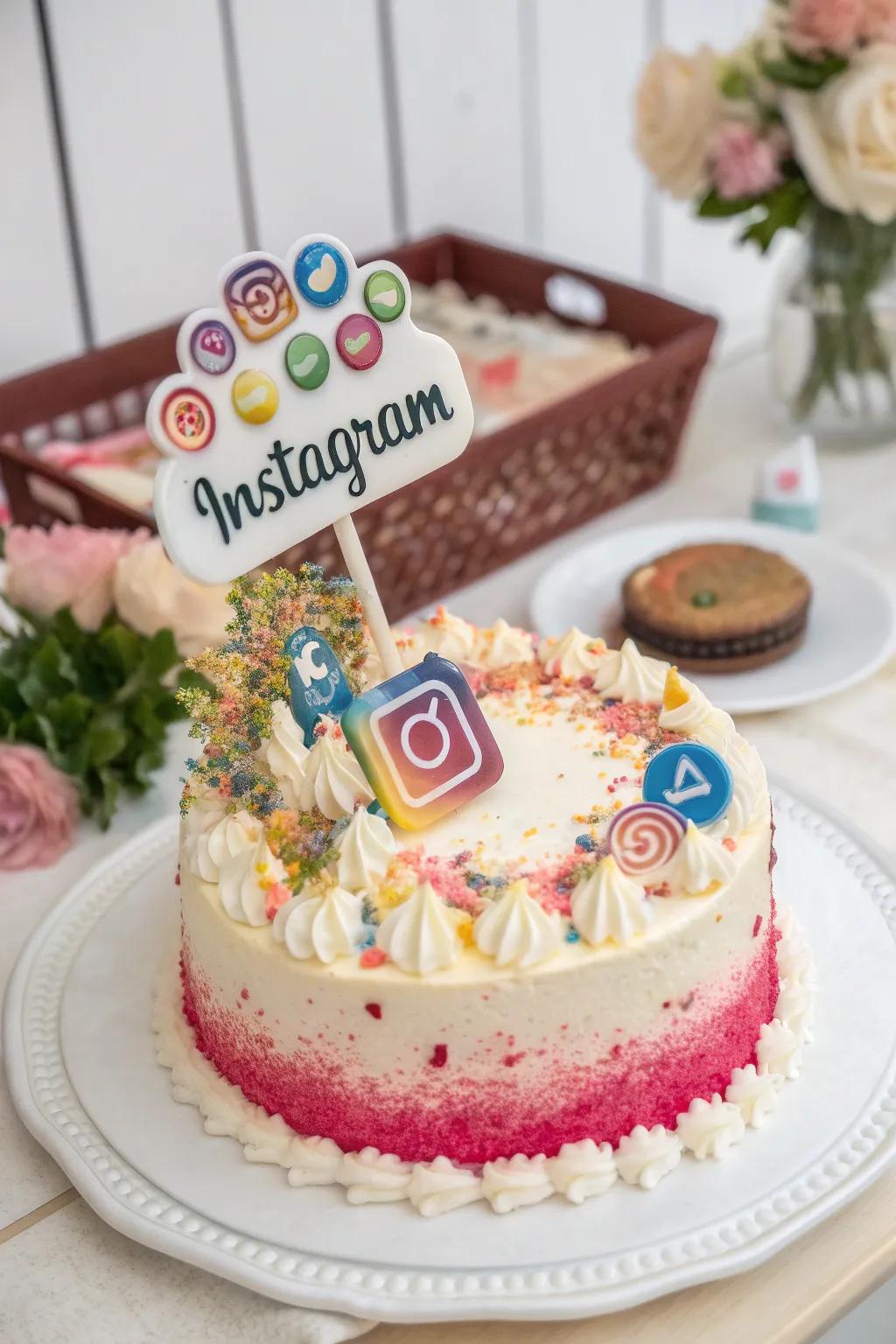 A mesmerizing cake embellished with social media-inspired decorations.
