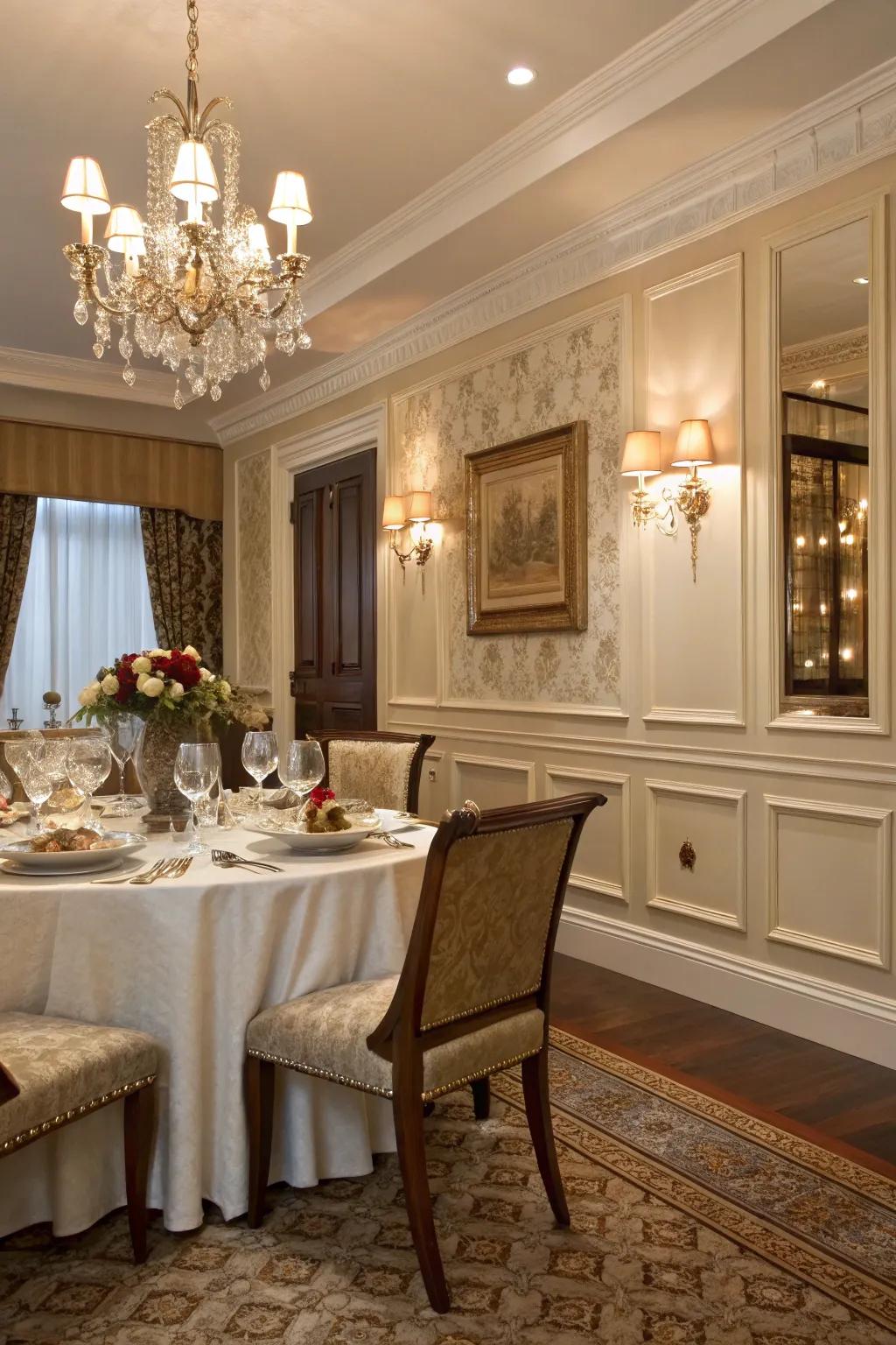 Elegant dining room featuring wall paneling for added sophistication.