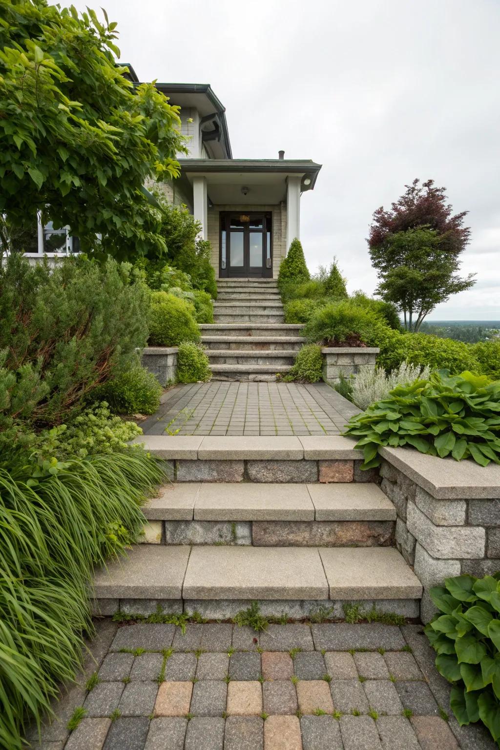 Stepped stone levels introduce depth and character to this welcoming entrance.