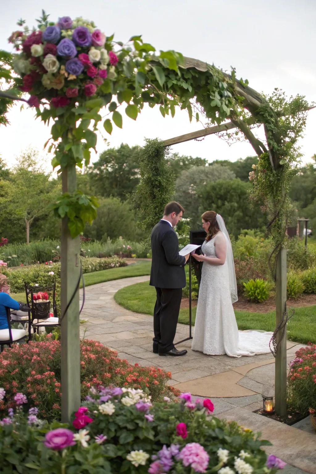 A marriage ceremony positioned against a flourishing garden background.
