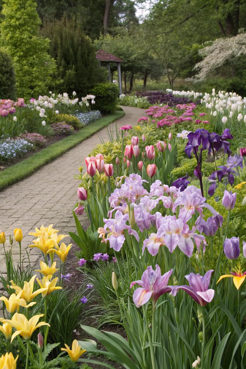 A vivacious ensemble of irises, lilies, and tulips forming a colorful garden tableau.