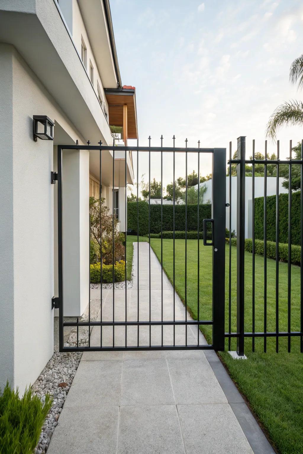 A polished contemporary minimalist forged entrance enhancing a modern home.