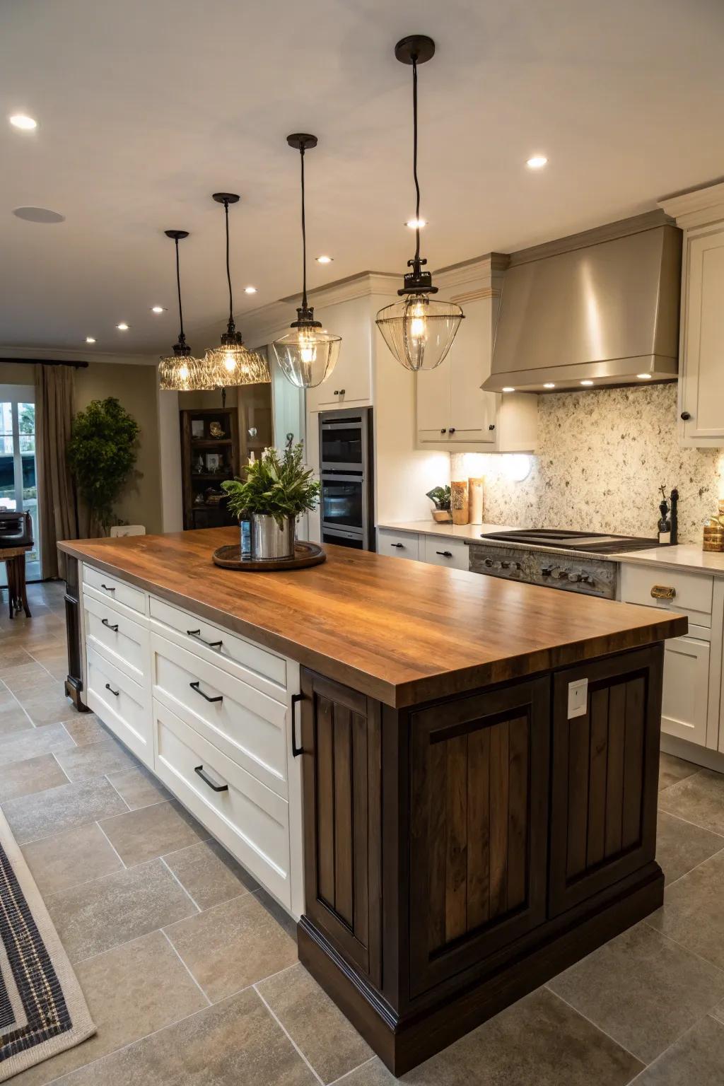 A timber countertop exuding a sense of warmth and rustic charm, perfect for a welcoming kitchen island.