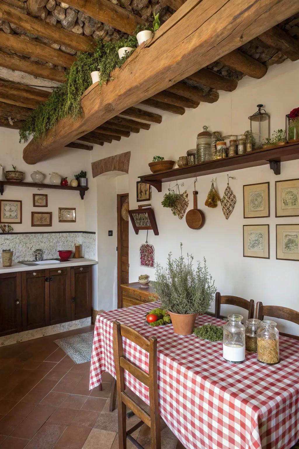 Visible wooden beams give a country appeal to this Italian-themed kitchen.