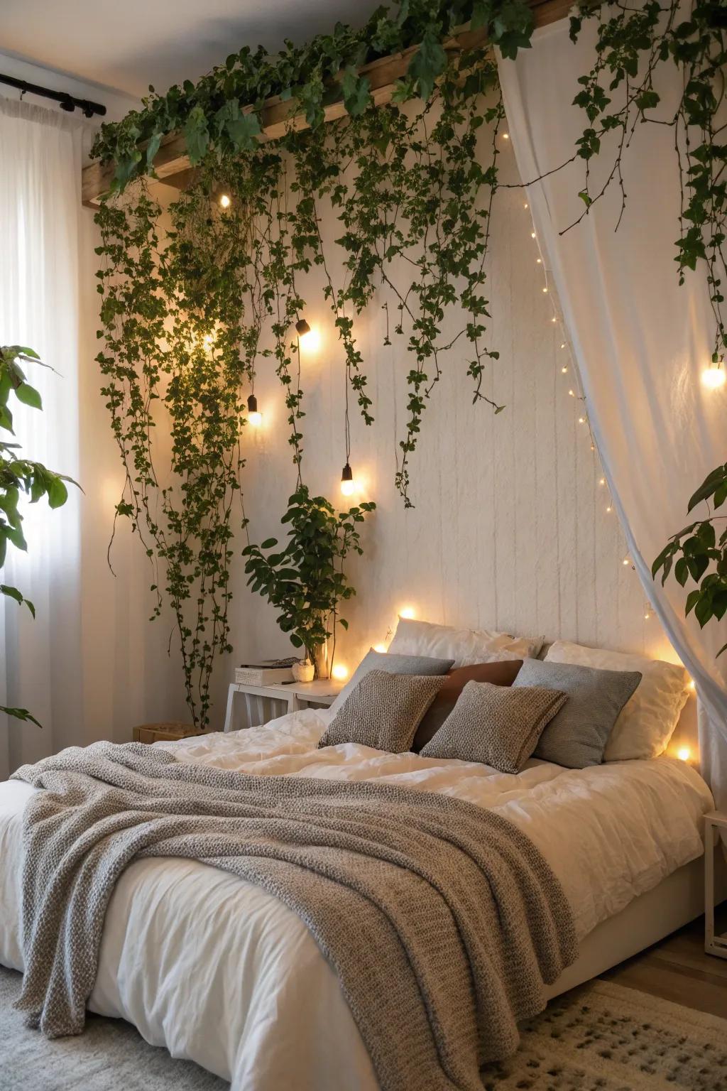 A bedroom showcasing a greenery-covered wall, injecting a touch of nature and serenity.