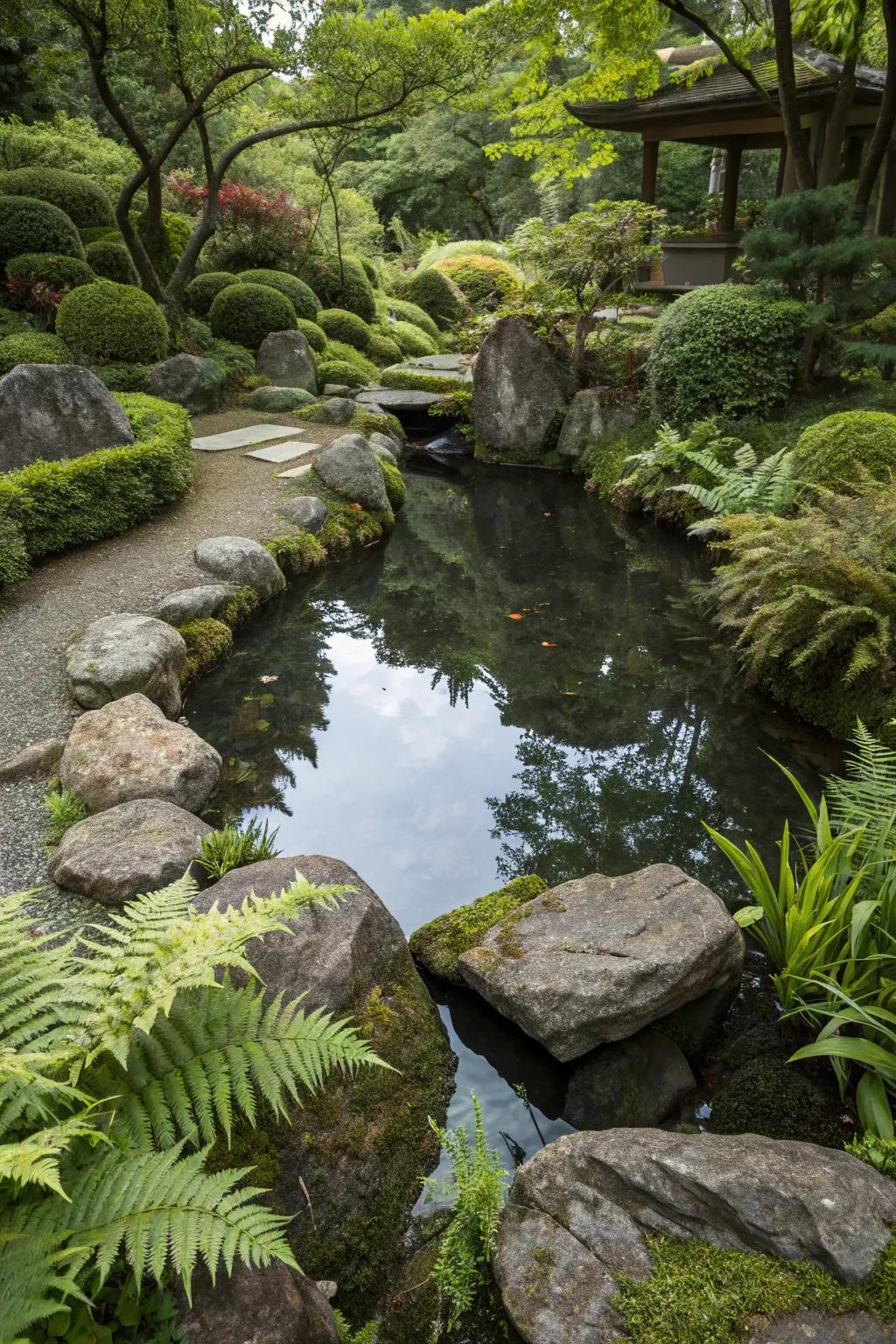 A serene pond nestled within a Japanese garden.