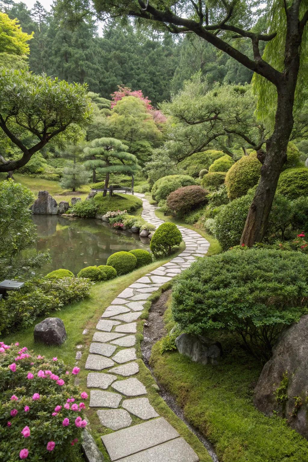 Stone paths meandering through vibrant greenery in a Japanese garden.