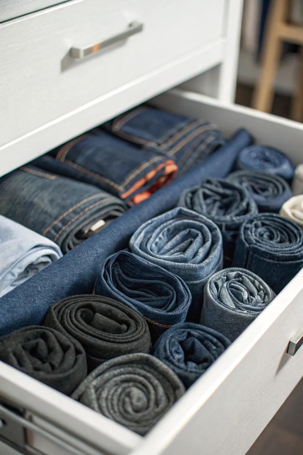 Jeans that are compactly rolled and stored in a drawer provide an efficient storage alternative.