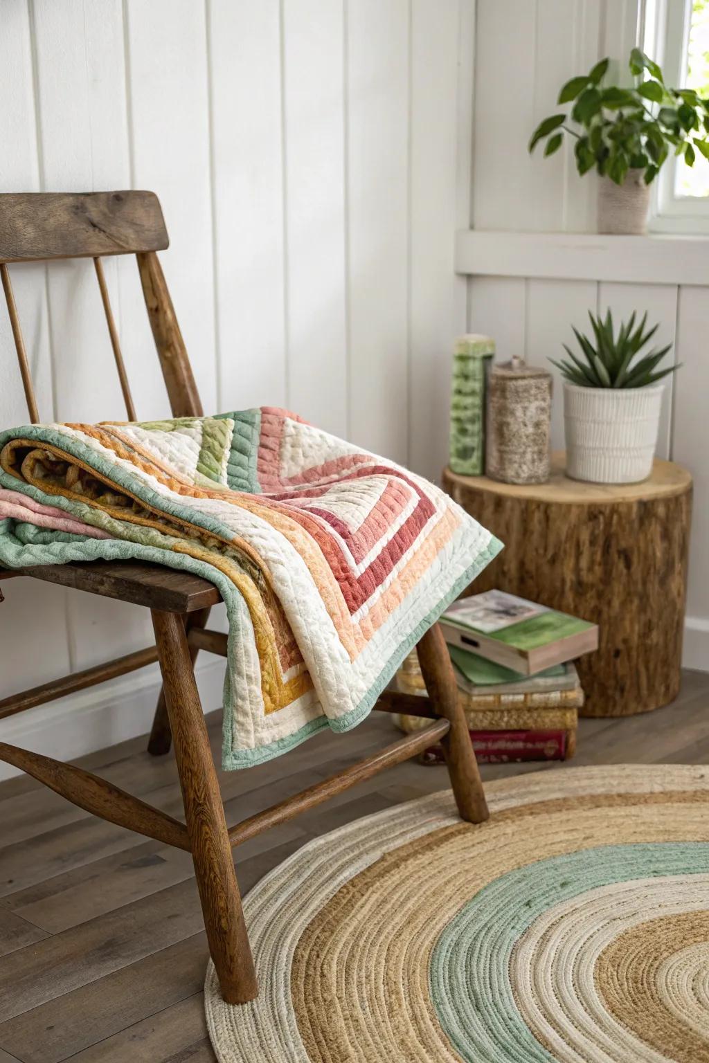 Delve into the Refreshed Log Cabin: A contemporary masterpiece interweaving tradition and inventiveness using vivid fabric strip sets. Suited for your minimalist boho refuge.