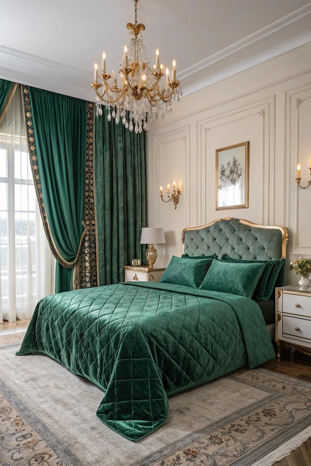 Forest green velvet imparts a rich, welcoming element to any bedroom.
