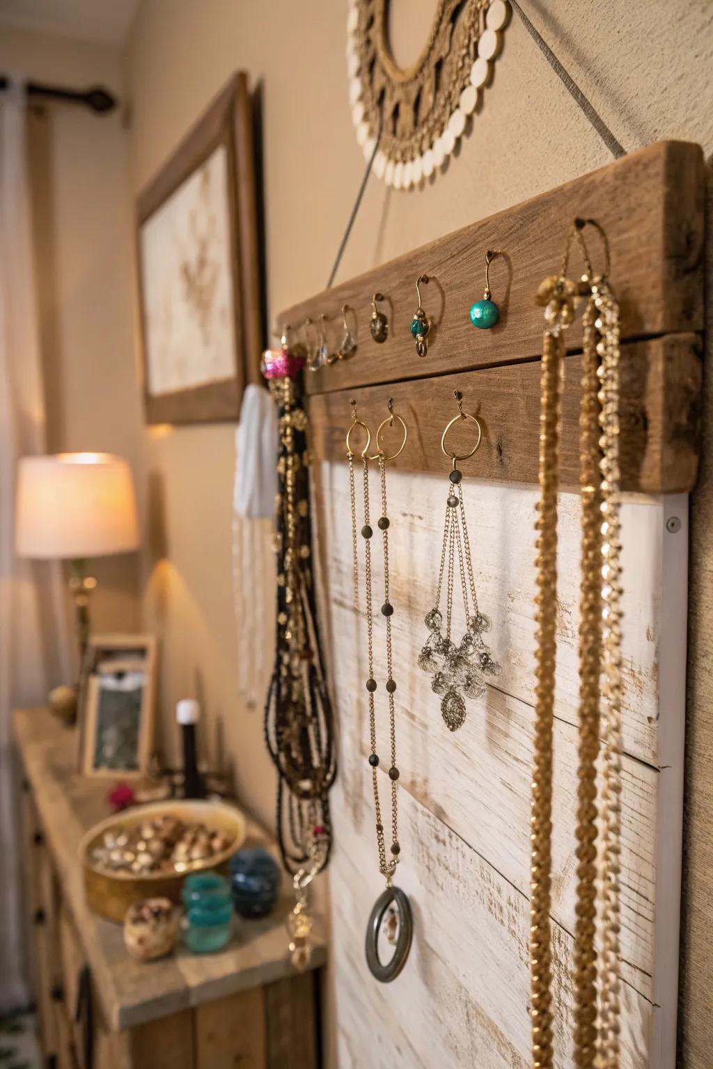 An earthy wooden panel employed to showcase jewelry