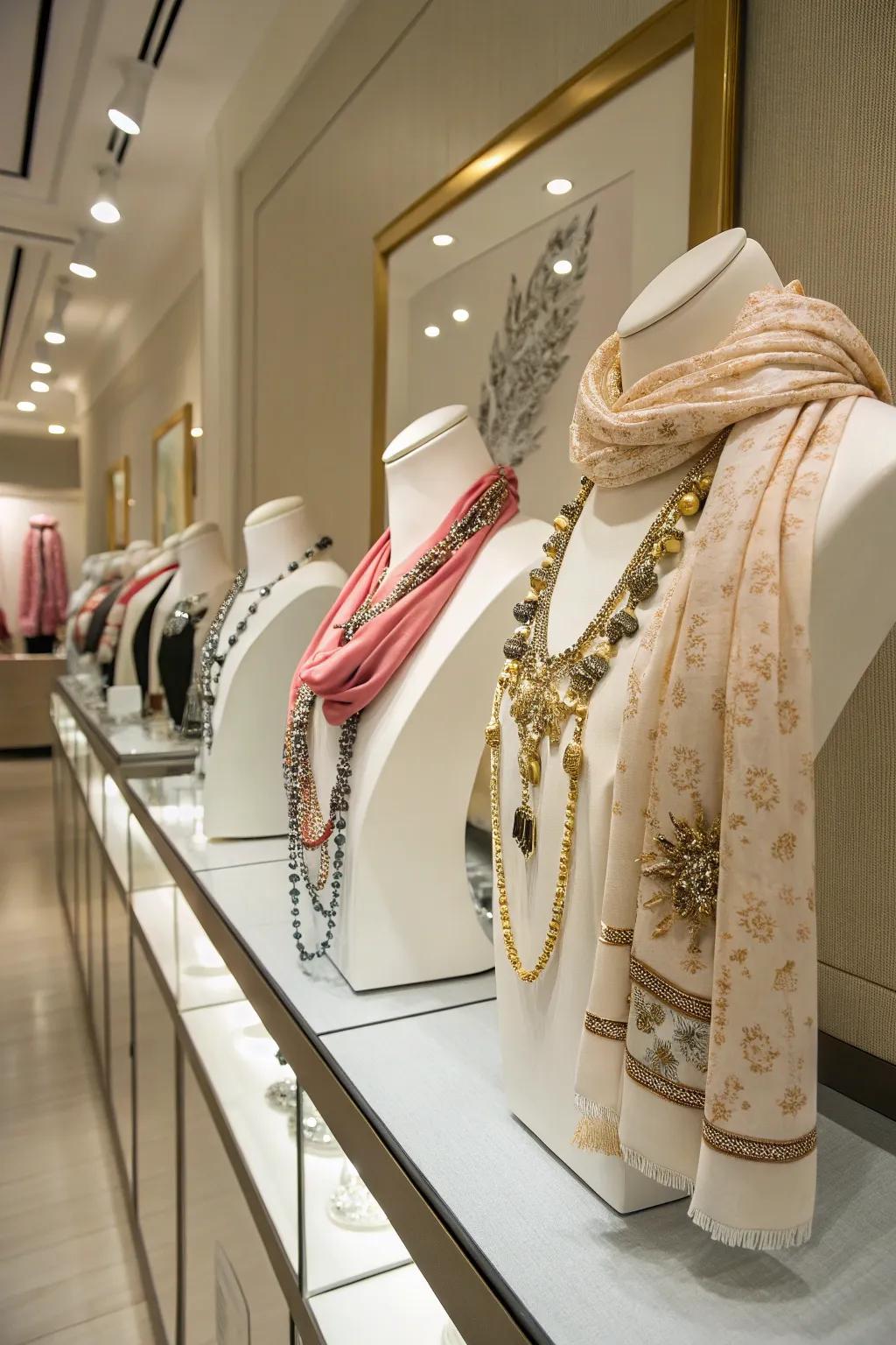 Mannequin busts give jewelry displays a sense of life.